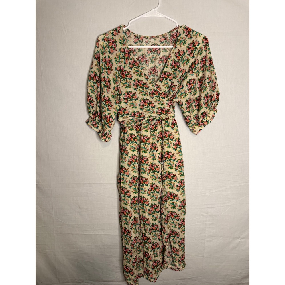 Urban Outfitters Floral Wrap Midi Dress Puff Sleeve Tie Waist Cream Pink Small